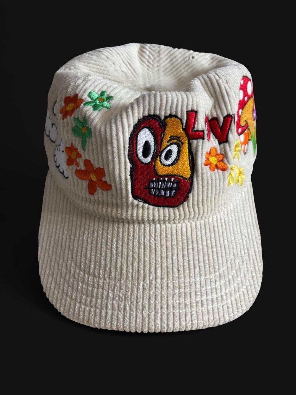 Ron Bass Cream Embroidered Floral & Face Cap